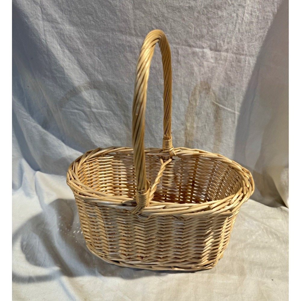 Wicker Basket with Handle Beige Small Freestanding Indoor